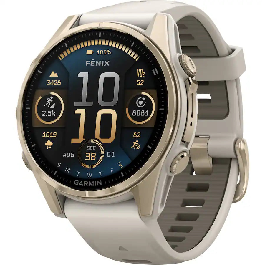 fēnix® 8 – 43 mm, AMOLED Sapphire, Soft Gold with Fog Gray/Dark Sandstone Silicone Band