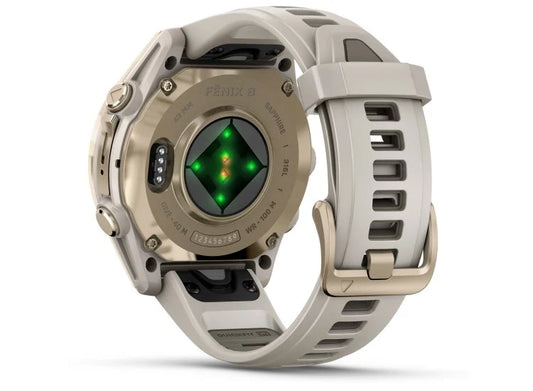 fēnix® 8 – 43 mm, AMOLED Sapphire, Soft Gold with Fog Gray/Dark Sandstone Silicone Band