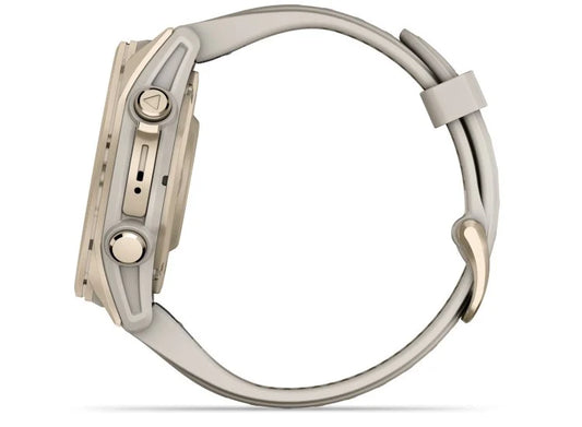 fēnix® 8 – 43 mm, AMOLED Sapphire, Soft Gold with Fog Gray/Dark Sandstone Silicone Band